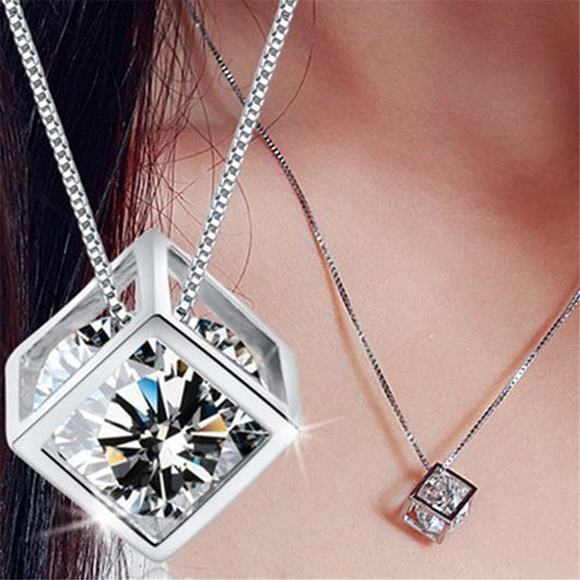 Exquisite Cube Shape Crystal Three-dimensional Pendant Necklace