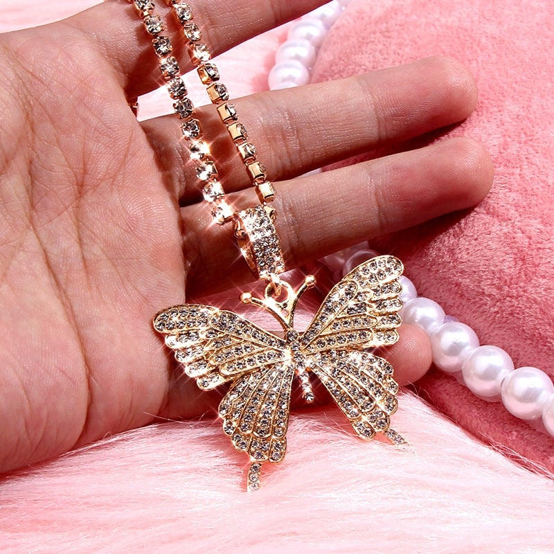 Big Butterfly Pendant Necklace Rhinestone Chain