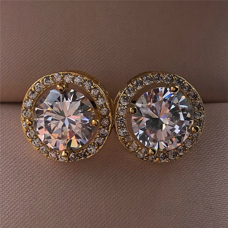 Round Stud Vintage Silver Color Jewelry White Zircon Stone Earrings