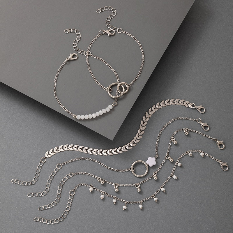 Gold Tassel Bracelets Geometric Leaves Beads Layered Hand Charm Bracelet Set