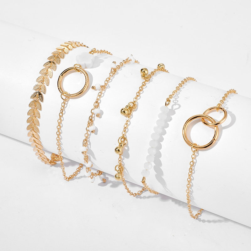 Gold Tassel Bracelets Geometric Leaves Beads Layered Hand Charm Bracelet Set