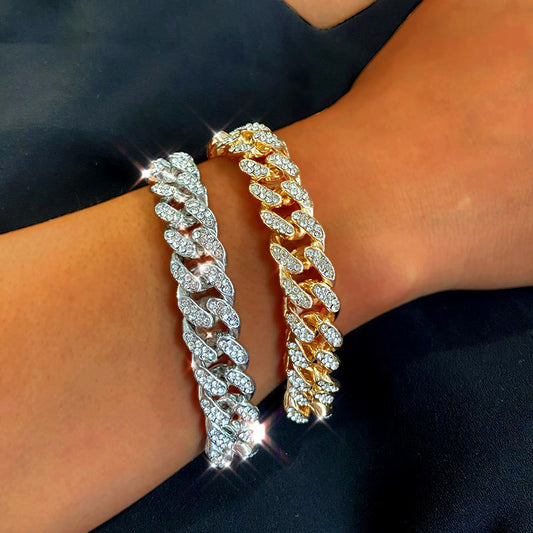 Iced Out Cuban Link Chain Bracelet for Women Men Gold Silver Color Bling Rhinestone Bracelet Jewelry