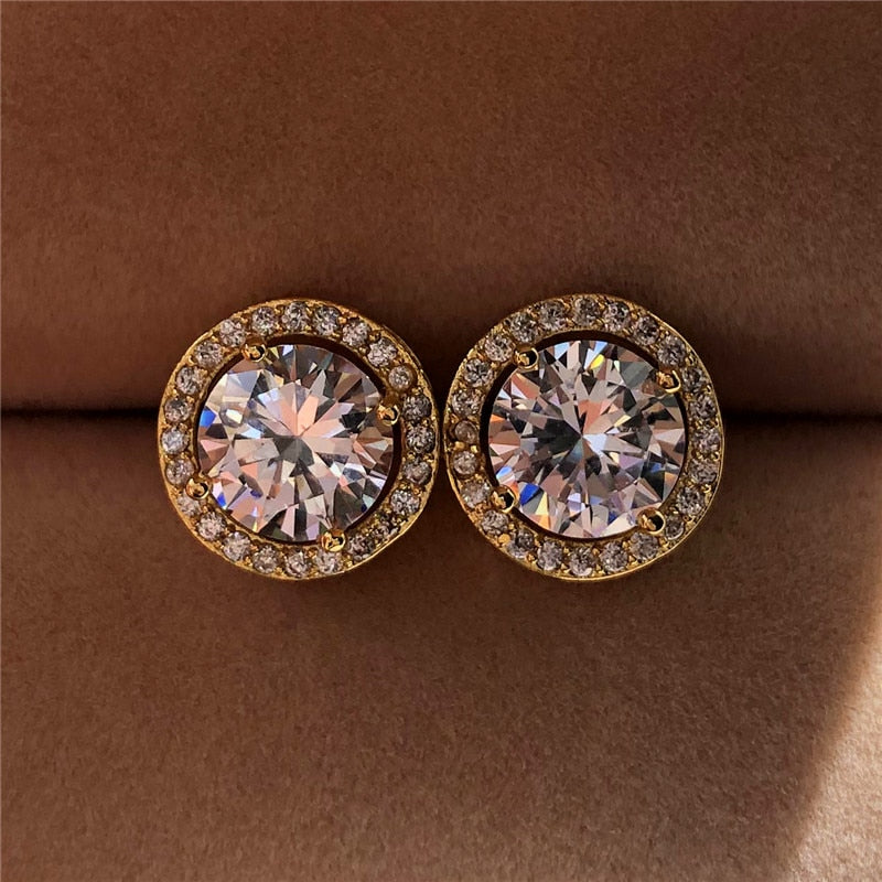 Round Stud Vintage Silver Color Jewelry White Zircon Stone Earrings