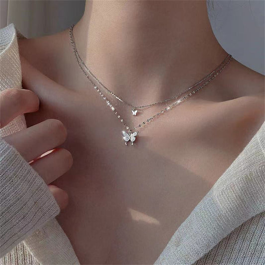 Shiny Butterfly Necklace Ladies Exquisite Double Layer Clavicle Chain Necklace Jewelry