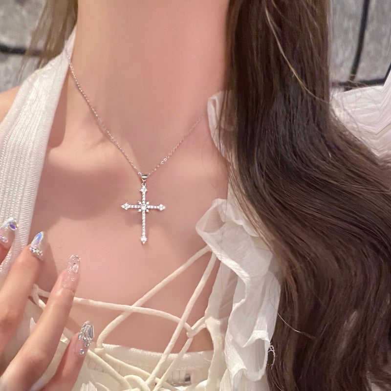 Crystal Zircon Cross Pendant Necklace Jewelry