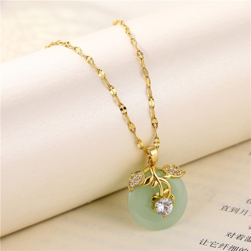 Hetian Jade Stone Safety Buckle Titanium Steel Necklace Style Ancient Gold Pendant